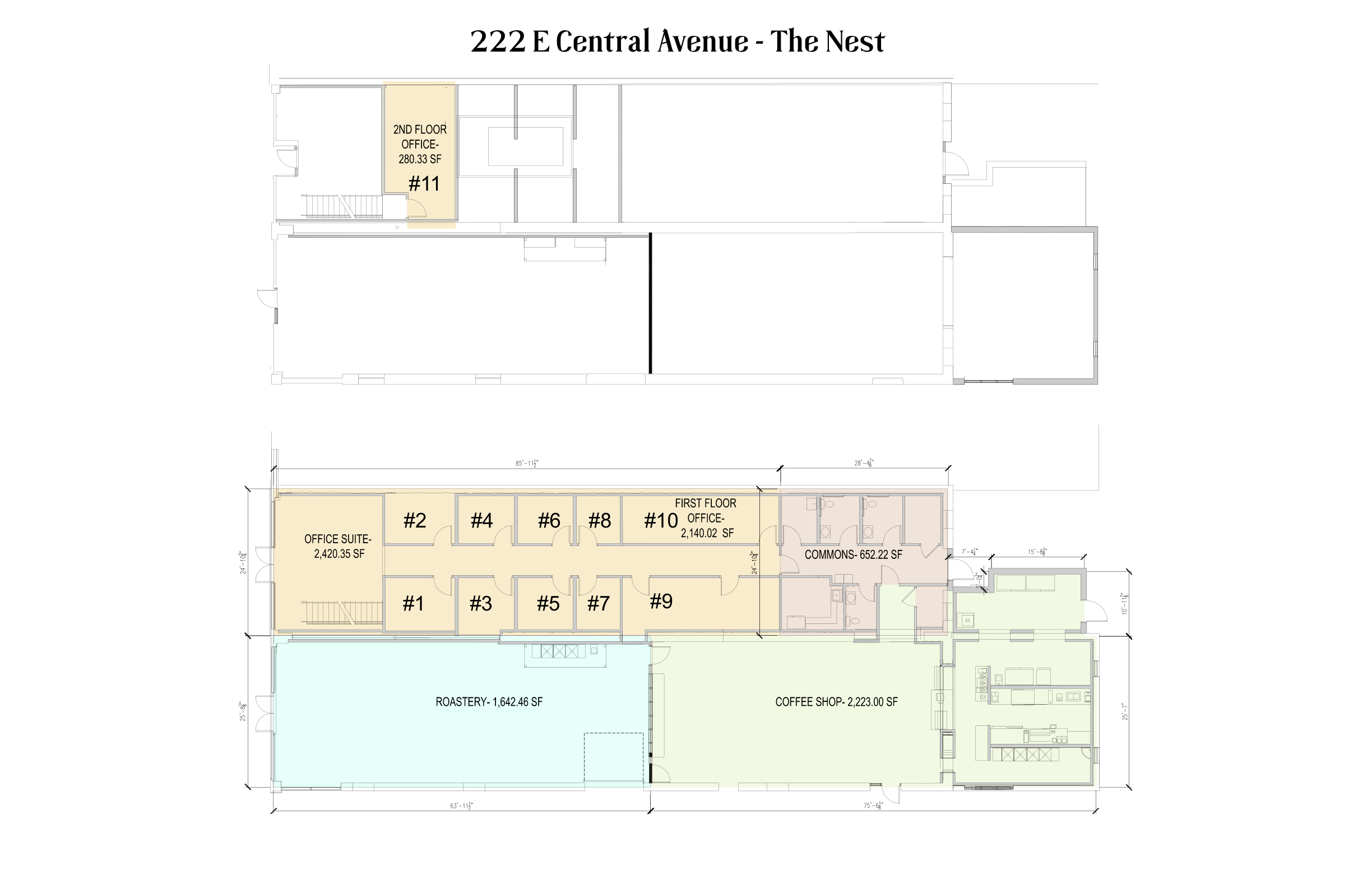 222 E Central Avenue office layout showing first-floor offices, office suite, commons, and second-floor office 11